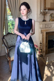 Round Neck Dark Navy Blue Satin Long Prom Dresses, Dark Navy Blue Long Formal Evening Dresses
