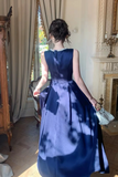 Round Neck Dark Navy Blue Satin Long Prom Dresses, Dark Navy Blue Long Formal Evening Dresses
