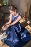 Round Neck Dark Navy Blue Satin Long Prom Dresses, Dark Navy Blue Long Formal Evening Dresses
