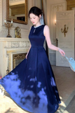 Round Neck Dark Navy Blue Satin Long Prom Dresses, Dark Navy Blue Long Formal Evening Dresses
