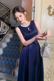 Round Neck Dark Navy Blue Satin Long Prom Dresses, Dark Navy Blue Long Formal Evening Dresses
