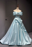 A-line Sweetheart Satin Blue Long Prom Dress with Beads
