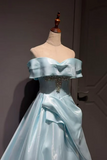 A-line Sweetheart Satin Blue Long Prom Dress with Beads
