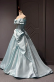 A-line Sweetheart Satin Blue Long Prom Dress with Beads
