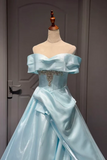 A-line Sweetheart Satin Blue Long Prom Dress with Beads

