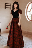 Gothic Black and Red Floral Short Sleeves Prom Dress, A-line Black and Red Evening Dress Formal Dress
