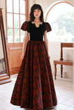 Gothic Black and Red Floral Short Sleeves Prom Dress, A-line Black and Red Evening Dress Formal Dress

