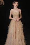 Champagne Gold Sparkly Tulle Prom Dress Spaghetti Straps Sweetheart Neck A‑Line Formal Evening Gown for Wedding Party
