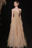 Champagne Gold Sparkly Tulle Prom Dress Spaghetti Straps Sweetheart Neck A‑Line Formal Evening Gown for Wedding Party
