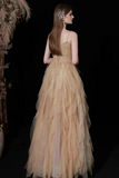 Champagne Gold Sparkly Tulle Prom Dress Spaghetti Straps Sweetheart Neck A‑Line Formal Evening Gown for Wedding Party
