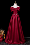 Lovely Wine Red Satin A-line Long Prom Dress with Beadings, Wine Red Off Shoulder Floor Length Party Dress
