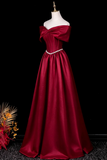 Lovely Wine Red Satin A-line Long Prom Dress with Beadings, Wine Red Off Shoulder Floor Length Party Dress
