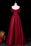 Lovely Wine Red Satin A-line Long Prom Dress with Beadings, Wine Red Off Shoulder Floor Length Party Dress
