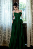 Green Satin Strapless A-line Long Party Dress Prom Dress, Green Satin Wedding Party Dress
