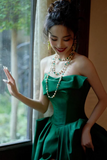 Green Satin Strapless A-line Long Party Dress Prom Dress, Green Satin Wedding Party Dress
