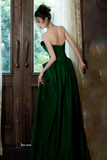Green Satin Strapless A-line Long Party Dress Prom Dress, Green Satin Wedding Party Dress

