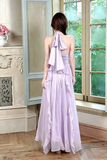Lilac Halter Neck Prom Dresses, Lavender Deep V Ruched Long Formal Bridesmaid Dresses with 3D Rose
