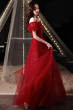 A-line Wine Red Off Shoulder Shiny Tulle Prom Dress, Sweetheart Simple Long Party Dress
