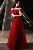 A-line Wine Red Off Shoulder Shiny Tulle Prom Dress, Sweetheart Simple Long Party Dress
