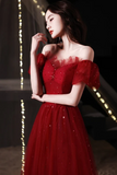 A-line Wine Red Off Shoulder Shiny Tulle Prom Dress, Sweetheart Simple Long Party Dress
