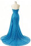 Ocean Blue Sequin Strapless Sweetheart Corset Ruched Slit Prom Evening Dress