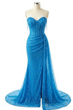 Ocean Blue Sequin Strapless Sweetheart Corset Ruched Slit Prom Evening Dress