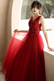 Beautiful 3D Flowers Adorned Crimson Red Prom Dress
