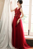 Beautiful 3D Flowers Adorned Crimson Red Prom Dress
