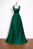 Emerald Green Satin Square Neck A Line Gown With Lace Up Back KPP2401