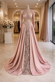 Dusty Rose High Neck Long Sleeve Lace Corset Evening Gown With Satin Train