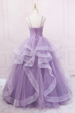 Purple V Neck Tulle Sequin Long Prom Dress Purple Tulle Formal Party Dress