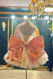 A short formal dress displayed on a mannequin in an indoor boutique setting. The dress has a pale pink and cream corset-style bodice with a very large satin bow across the back and layered tulle skirt, decorated with small rose appliqués.