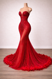 Red Strapless Corset Mermaid Gown With Crystal Beading Feather Hem And Lace Up Back KPP2391