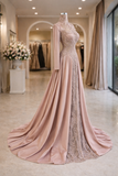 Dusty Rose High Neck Long Sleeve Lace Corset Evening Gown With Satin Train