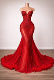 Red Strapless Corset Mermaid Gown With Crystal Beading Feather Hem And Lace Up Back KPP2391