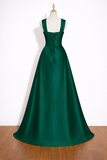 Emerald Green Satin Square Neck A Line Gown With Lace Up Back KPP2401