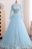 Vintage Long Sleeve Beaded Blue Lace Formal Prom Dress KPP2370