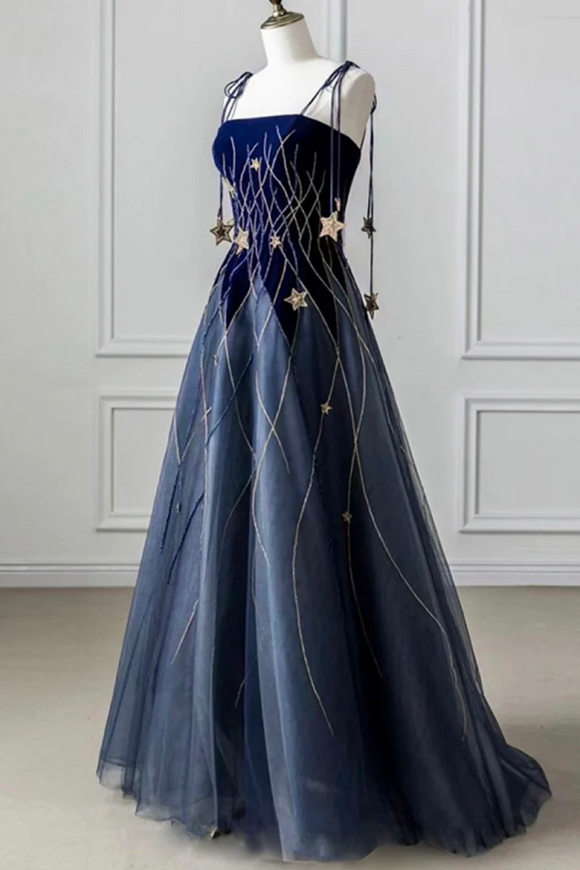 Blue Spaghetti Strap Long Prom Dress with Star, Blue Evening Party Dress KPP1745