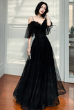 Black Lace Long A Line Prom Dress, Black Off the Shoulder Evening Dress KPP1746