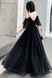 Black Lace Long A Line Prom Dress, Black Off the Shoulder Evening Dress KPP1746