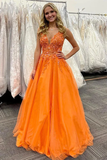 Stunning Orange A Line V Neck Long Tulle Appliques Prom Dress KPP1747
