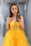 Yellow Tulle A Line Spaghetti Straps Sweetheart Prom Dresses Party Dress KPP1748