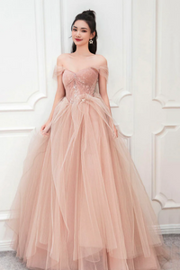 Pink Tulle Long A Line Prom Dress, Cute Off the Shoulder Graduation Dr kateprom Pink Tulle Long A Line Prom Dress, Cute Off the Shoulder Graduation Dr kateprom