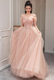 Pink Tulle Long A Line Prom Dress, Cute Off the Shoulder Graduation Dress KPP1749