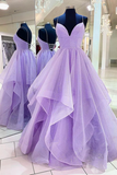 Purple Tulle Long A Line Prom Dress, Beautiful Spaghetti Strap Formal Evening Dress KPP1750