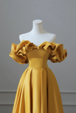 Yellow Satin Long Prom Dress, Simple Off Shoulder Evening Party Dress KPP1751