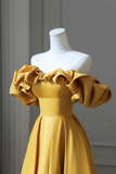 Yellow Satin Long Prom Dress, Simple Off Shoulder Evening Party Dress KPP1751