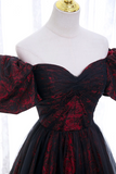 Black Tulle Short Sleeve Formal Evening Dress, Off the Shoulder Prom Dress KPP1752