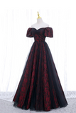 Black Tulle Short Sleeve Formal Evening Dress, Off the Shoulder Prom Dress KPP1752