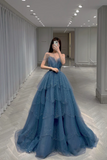 Blue Tulle Layers Straps Beaded Long Formal Dress, Beautiful A Line Prom Dress KPP1753